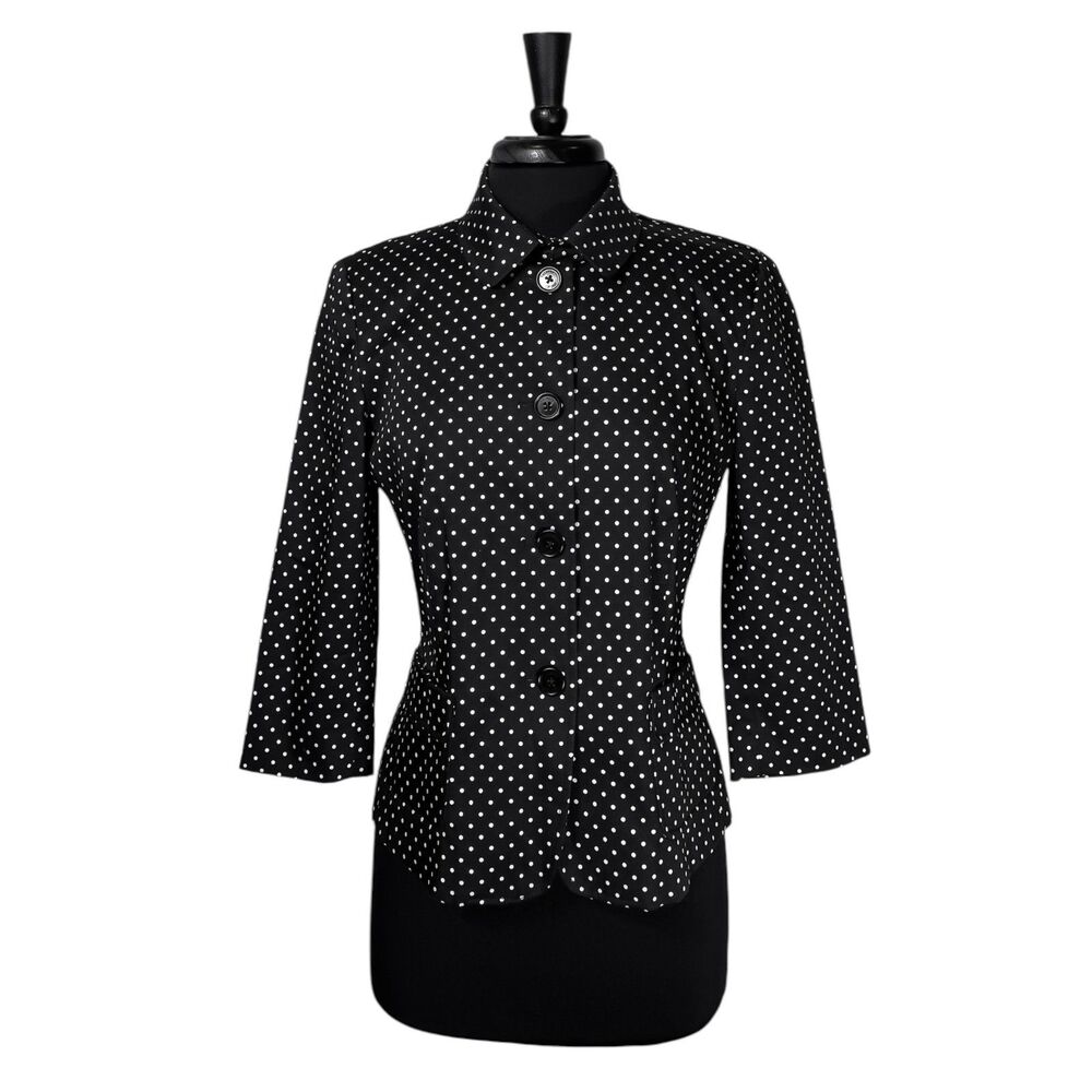 Talbots Womens 10P Black White Polka Dot Blazer 3/4 Sleeve Fitted Petite Jacket
